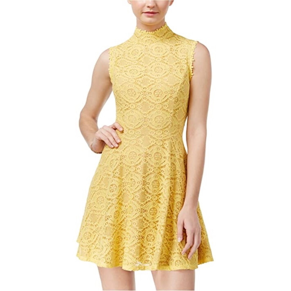 City Studio Yellow Lace Alce Fit & Flare Dress High Mock Neck Sleeveless
